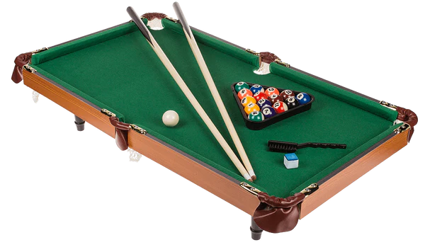 Wooden tabletop pool with 2 cues