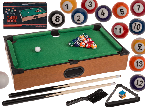 Wooden tabletop pool with 2 cues, 16 balls