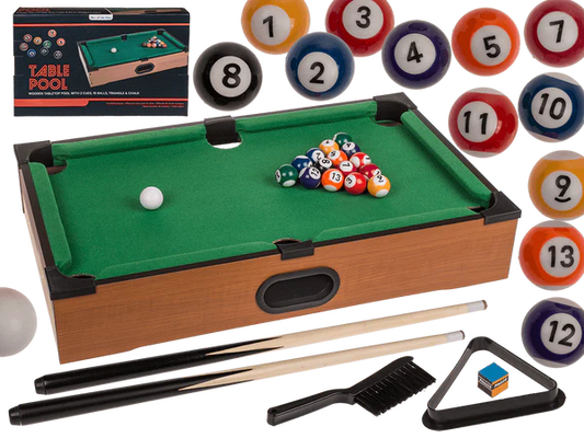 Wooden tabletop pool with 2 cues, 16 balls