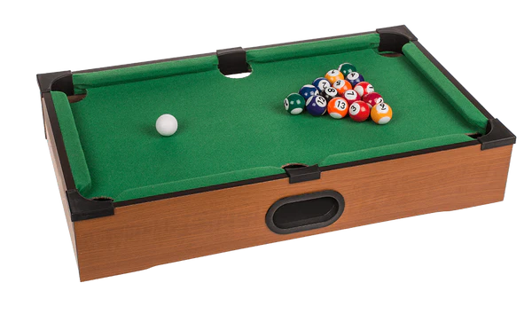 Wooden tabletop pool with 2 cues, 16 balls